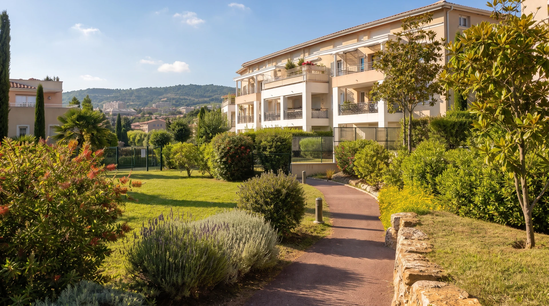 Scène extérieure d'un jardin décoratif devant une façade de bâtiment avec pergola