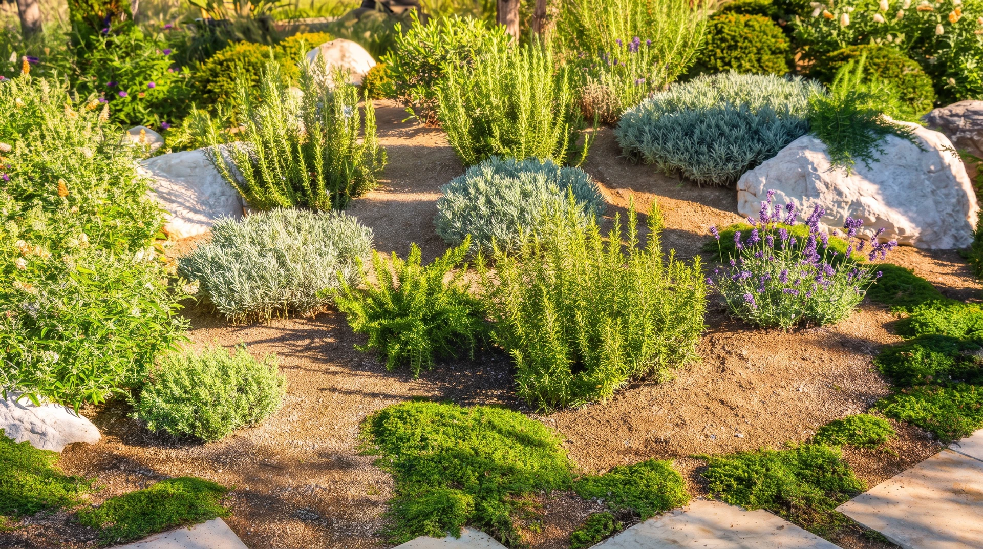 Jardin privé aménagé de manière professionnelle avec terrasse en pierre, plantes méditerranéennes bien entretenues, arbustes taillés et arbres au feuillage dense offrant de l'ombre, parterre de fleurs colorées, design paysager structuré et harmonieux, photographié en lumière naturelle douce mettant en avant la qualité de l'aménagement et l'environnement côte d'azur méditerranéen.