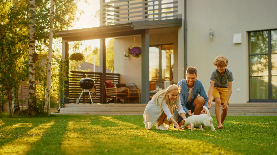 Scène extérieure de jardinage urbain avec jardinier installant un système d'irrigation goutte-à-goutte dans des jardinières jaunes contenant des plants d'herbes aromatiques et légumes verts