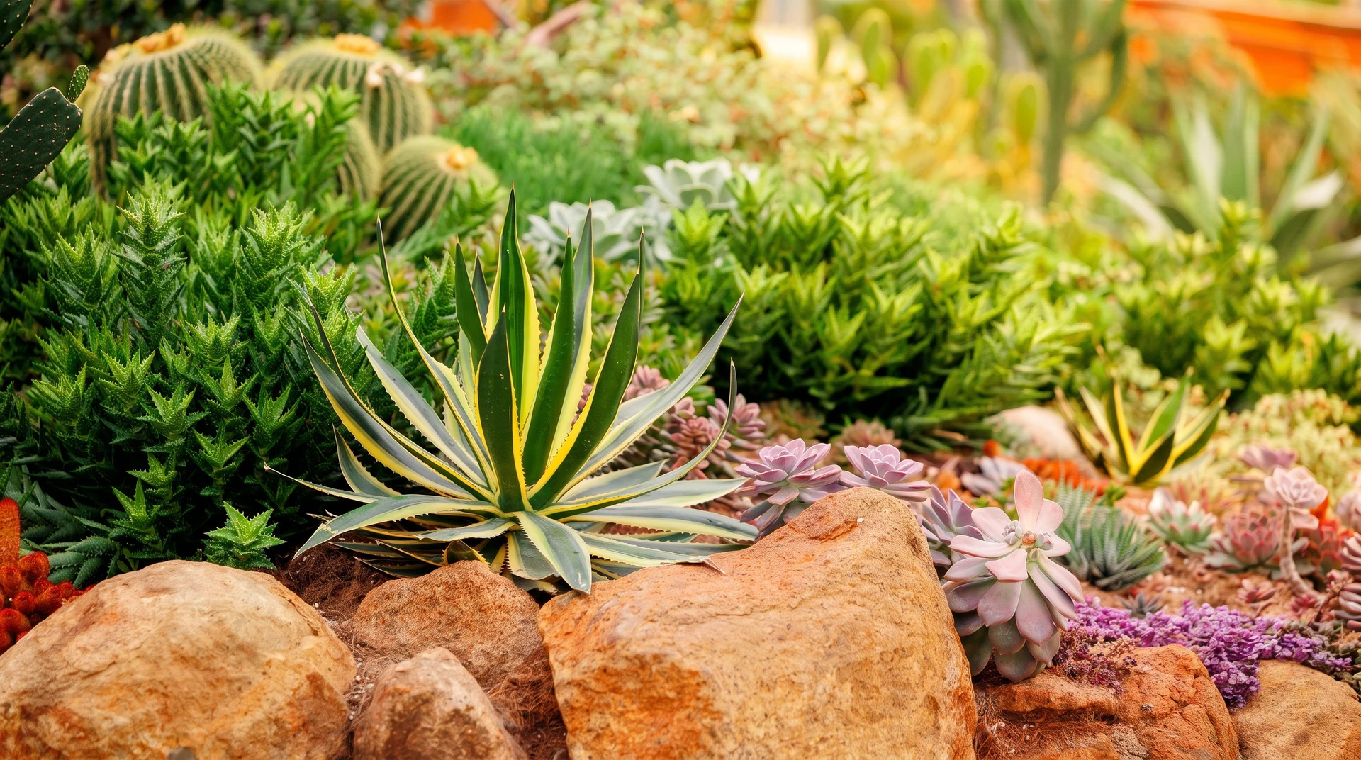 Jardin luxuriant avec végétation dense et variée comprenant fougères retombantes aux frondes délicates, plantes vivaces à feuillage vert tendre, arbustes à feuilles composées et tapis de mousse