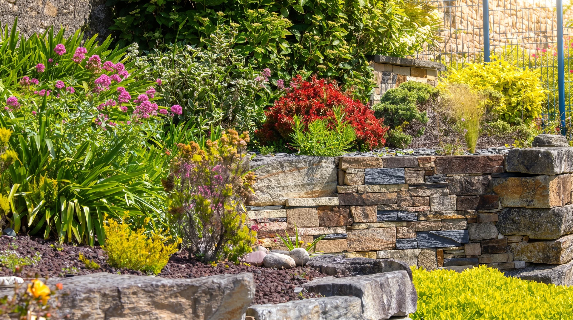 Escalier extérieur en pierre naturelle calcaire avec marches massives, intégré dans jardin paysager méditerranéen